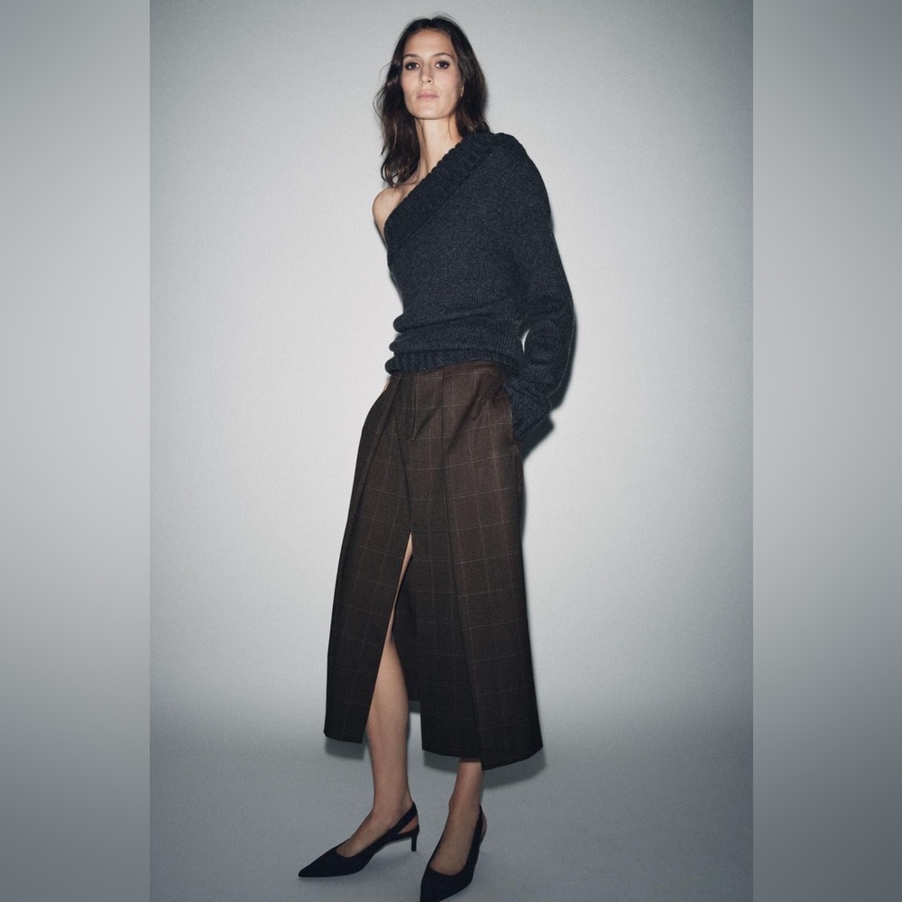 ZARA Plaid Pleated Classic Midi Skirt w/ Front Slit Brown Sz M NEW